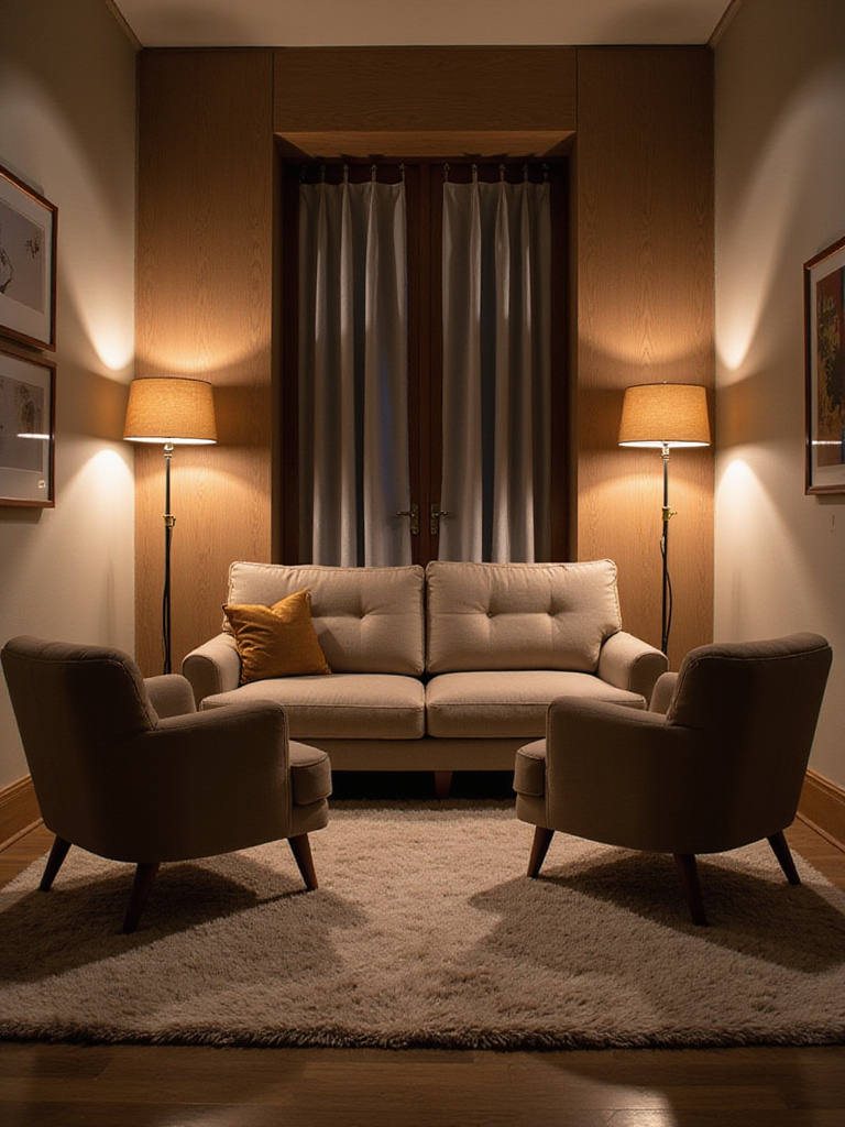 Intimate conversation nook in a contemporary living room with cozy seating arrangements.