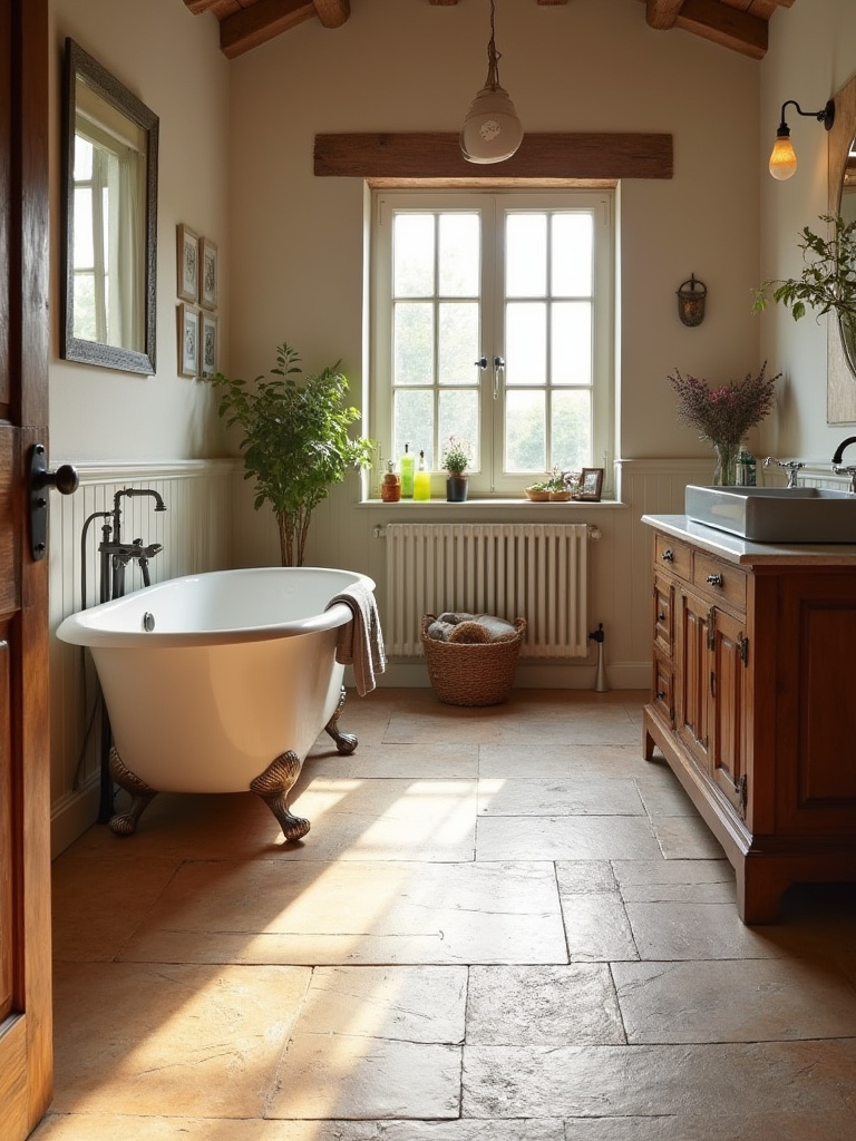 A cozy farmhouse bathroom showcasing underfloor heating with warm lighting and beautiful decor.