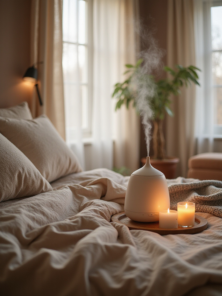 Cozy bedroom with diffuser and candles for aromatherapy