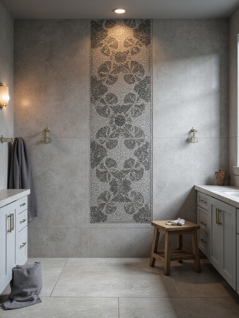 Luxurious gray bathroom featuring unique gray mosaic tile patterns on the shower accent wall