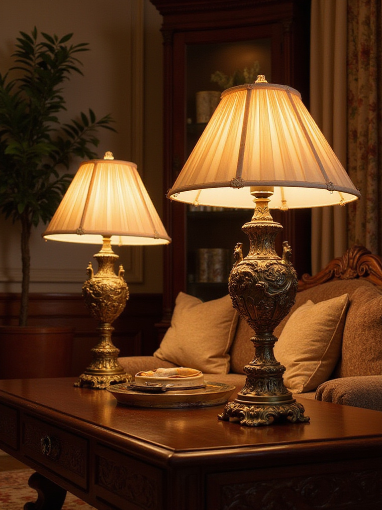 Elegant traditional living room featuring ornate table and floor lamps
