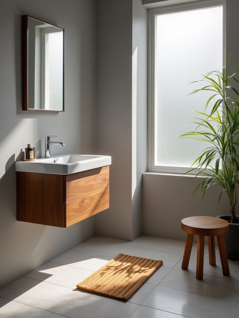 Modern gray bathroom with warm wooden accessories including a walnut vanity and teak shower mat.