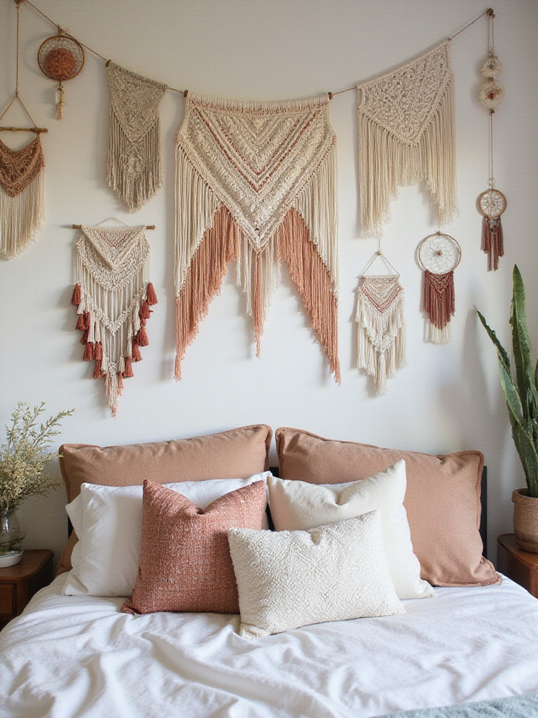 Bohemian bedroom with dreamcatchers and textile wall art