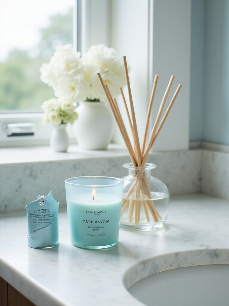 Coastal bathroom with a scented candle and diffuser on a marble countertop, creating a serene ambiance.