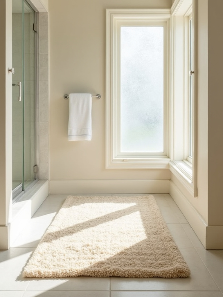 Sandy-toned bath rug in a coastal bathroom setting
