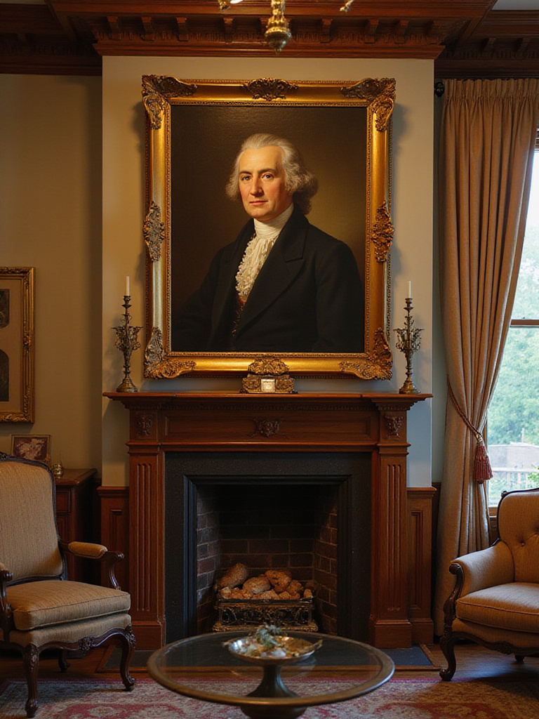 Elegant traditional living room with a portrait painting above a mantel