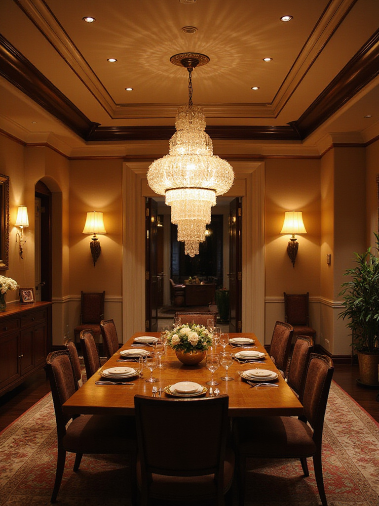 Luxurious dining room with hand-blown glass chandelier and stylish lighting
