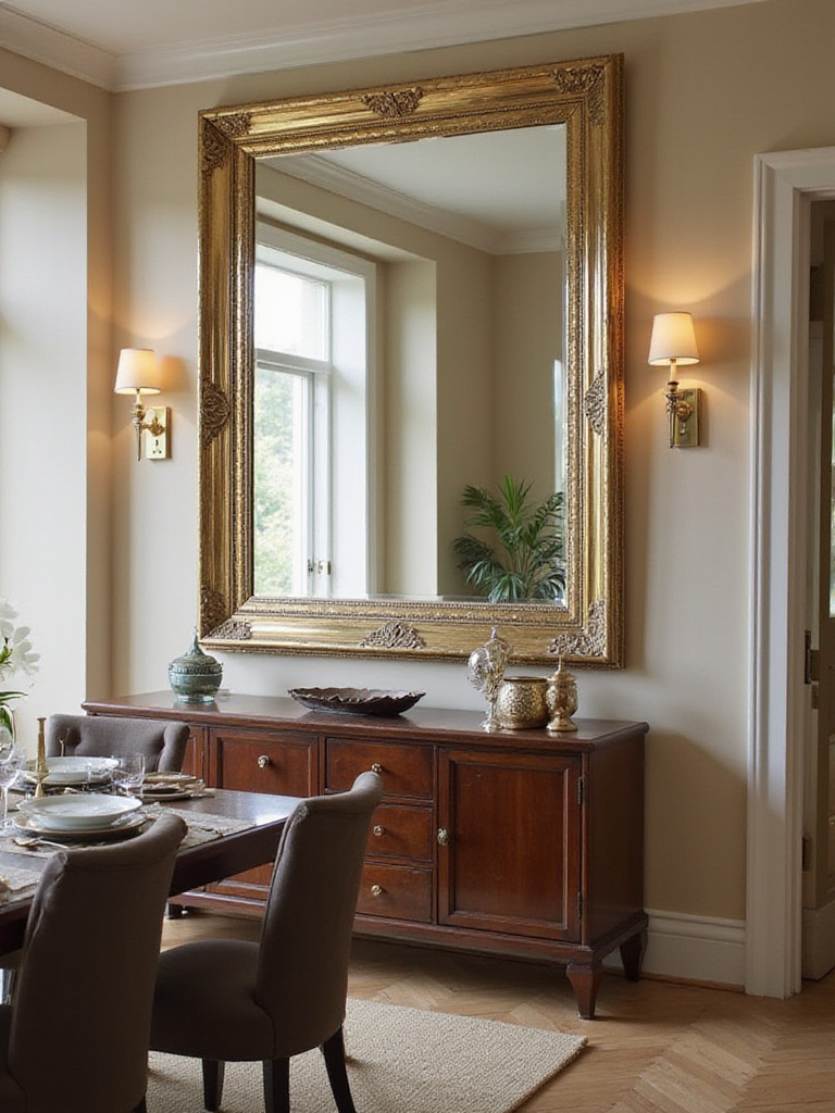 Elegant dining room featuring a grand decorative mirror reflecting natural light