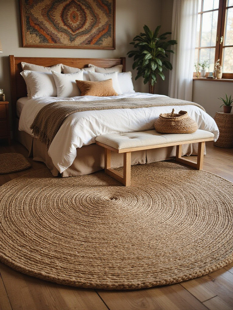 Boho bedroom with natural fiber area rug under a king-sized bed