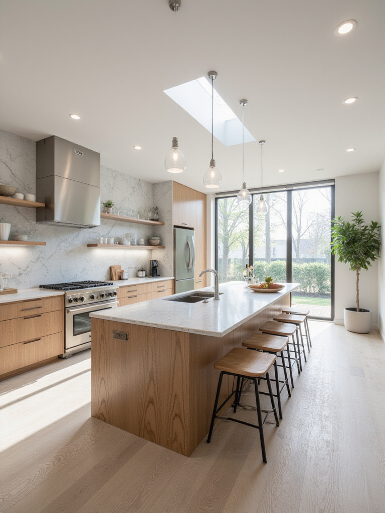 A modern kitchen with a multi-functional island design featuring seating, storage, and a prep sink.