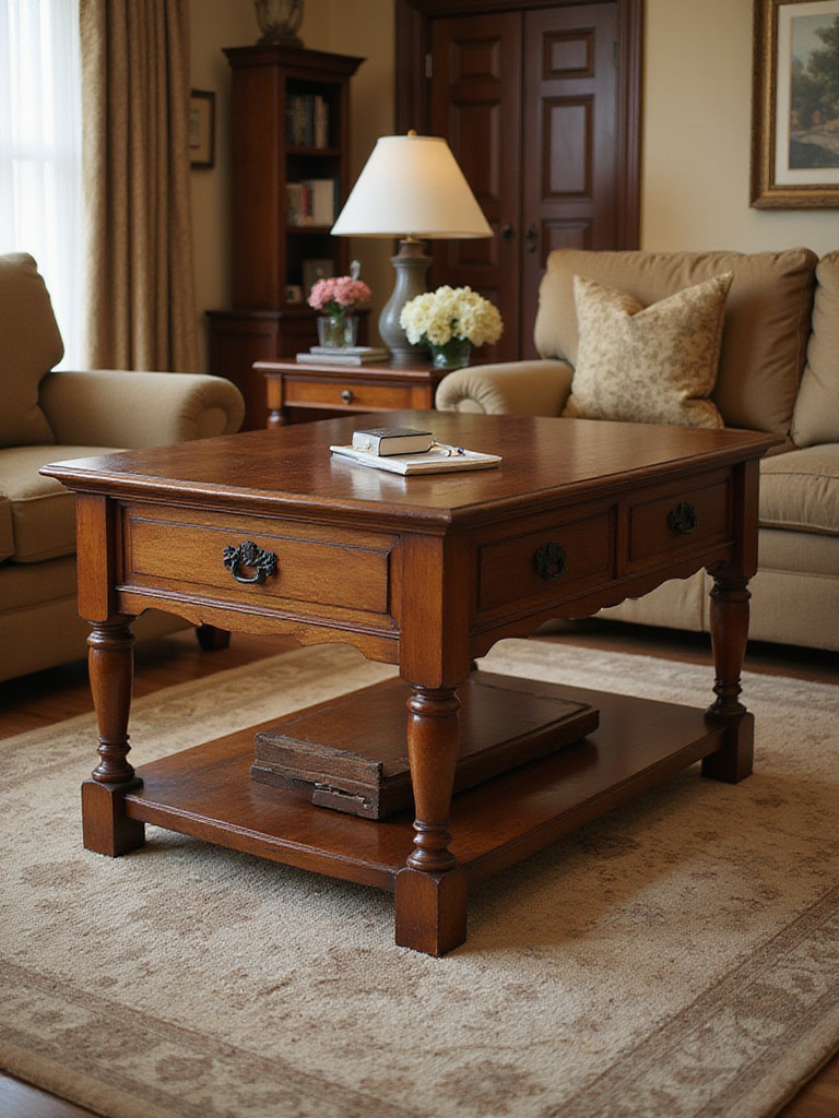 Elegant wooden coffee table in a traditional living room setting.