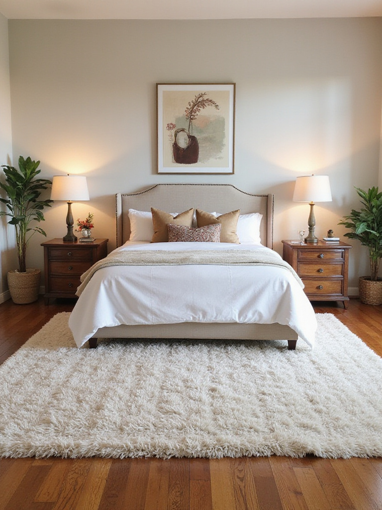 Cozy bedroom with a plush area rug under a king-sized bed, warm lighting, and inviting decor.