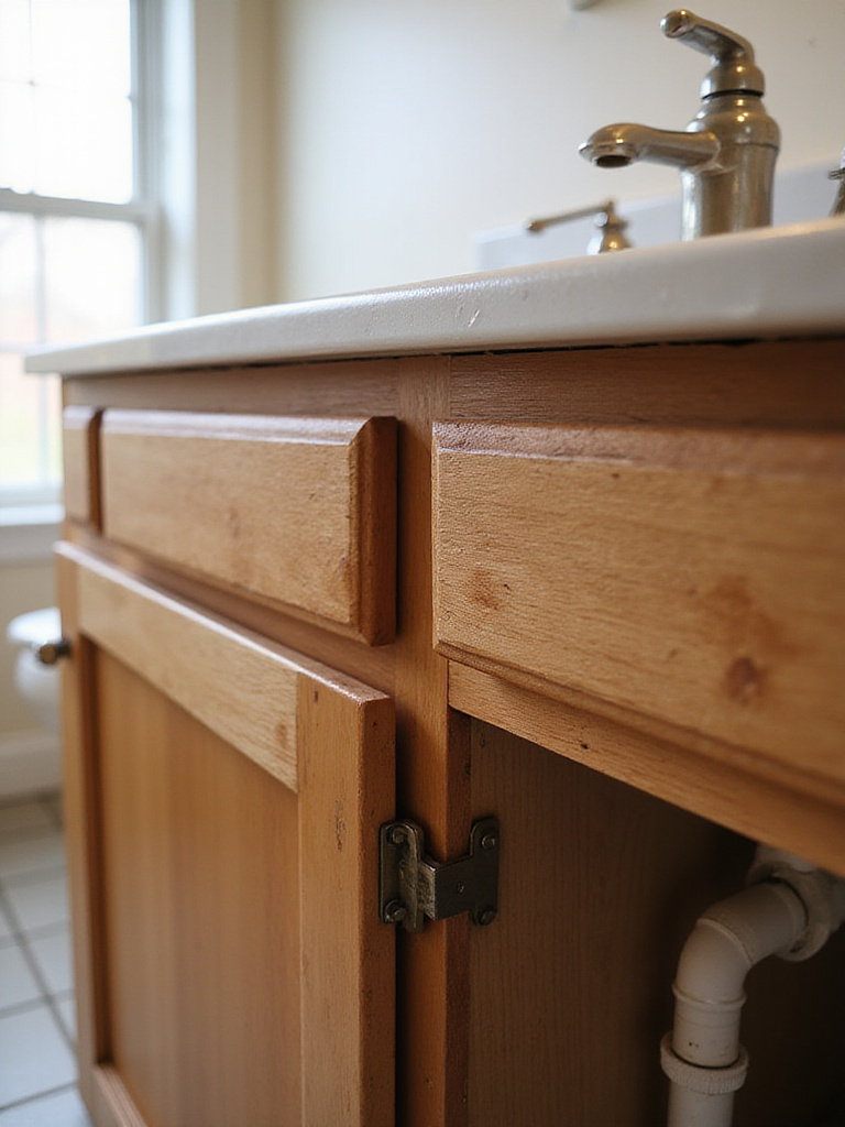 Before makeover assessment of bathroom vanity showing structural integrity and visible imperfections.
