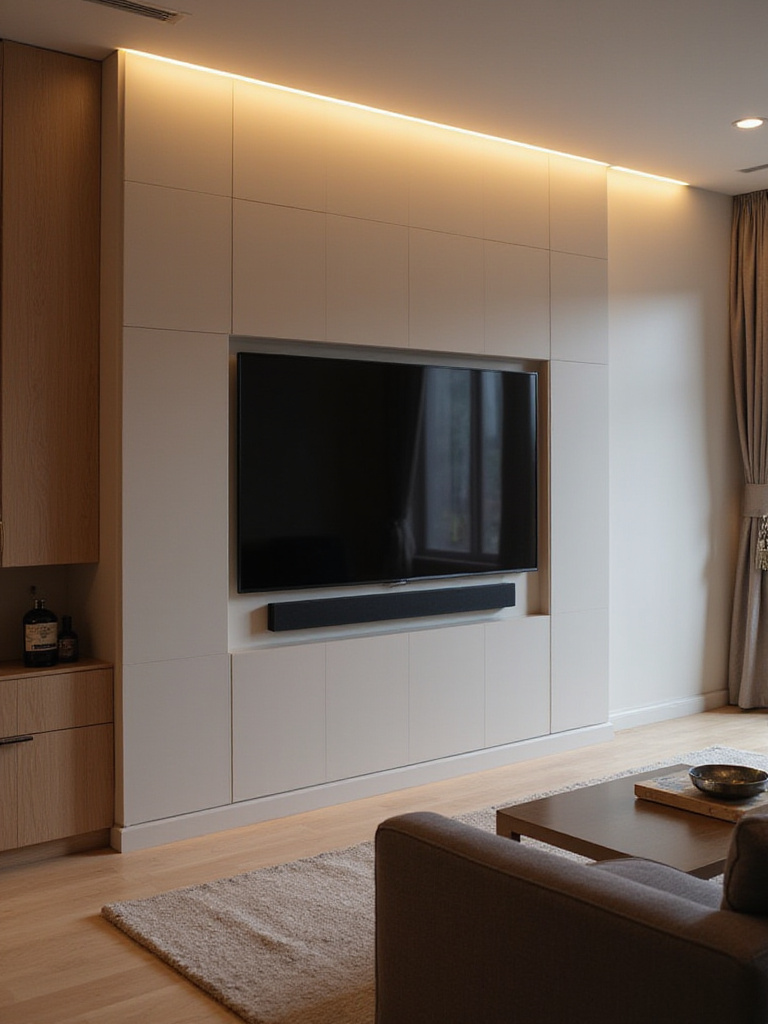 Modern living room with concealed audio-visual system and sleek design.