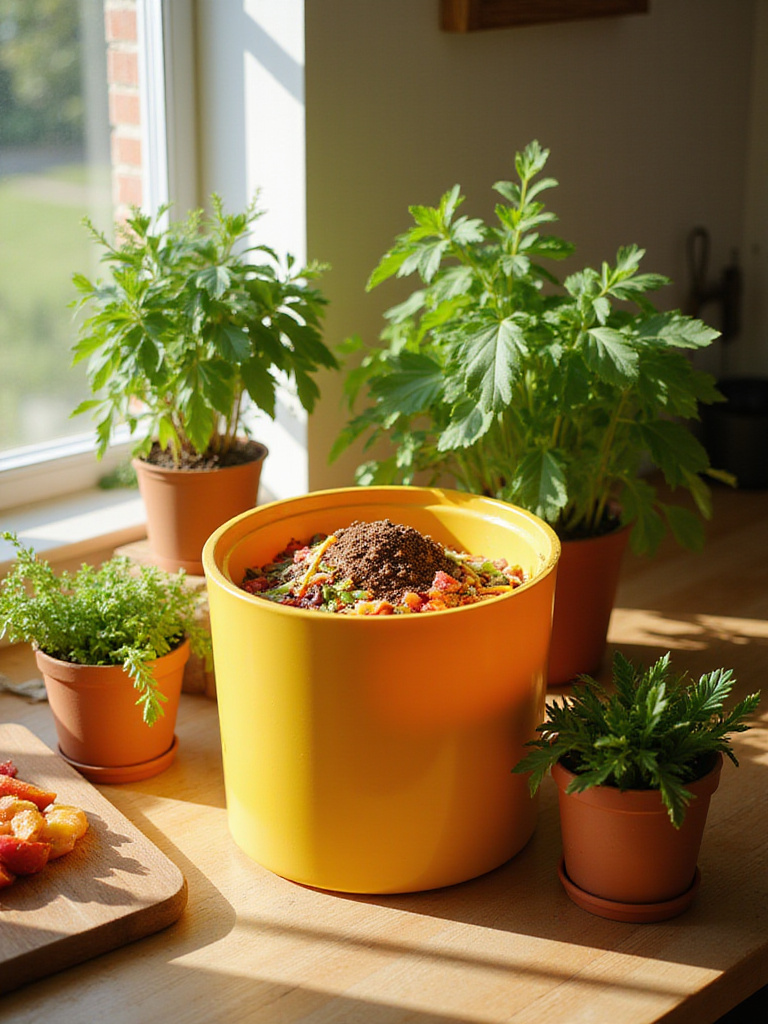 A countertop compost bin filled with colorful food scraps, surrounded by fresh herbs and a cutting board.