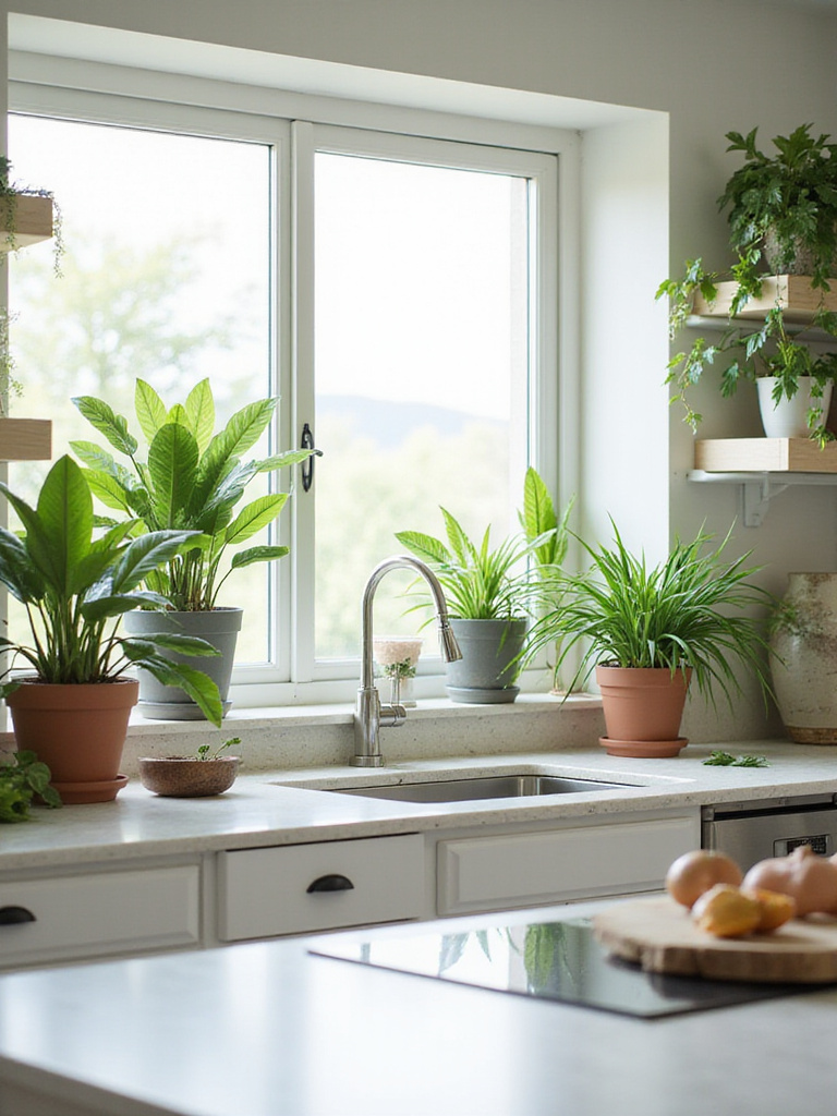 A bright kitchen with various air-purifying plants.