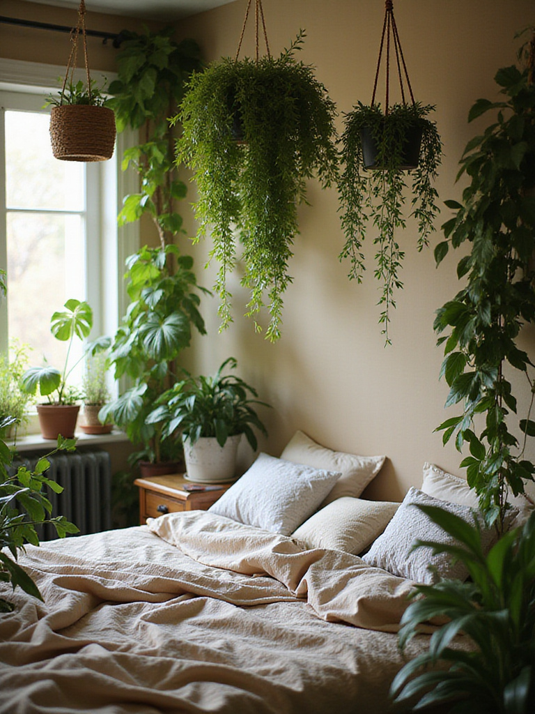 A boho bedroom featuring abundant trailing and potted greenery, showcasing a peaceful and inviting atmosphere.