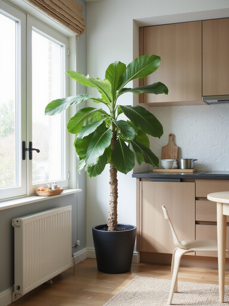 A contemporary kitchen featuring a Fiddle Leaf Fig tree that enhances the space's aesthetic.
