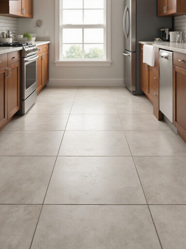 Elegant high-traffic kitchen floor with matte porcelain tiles
