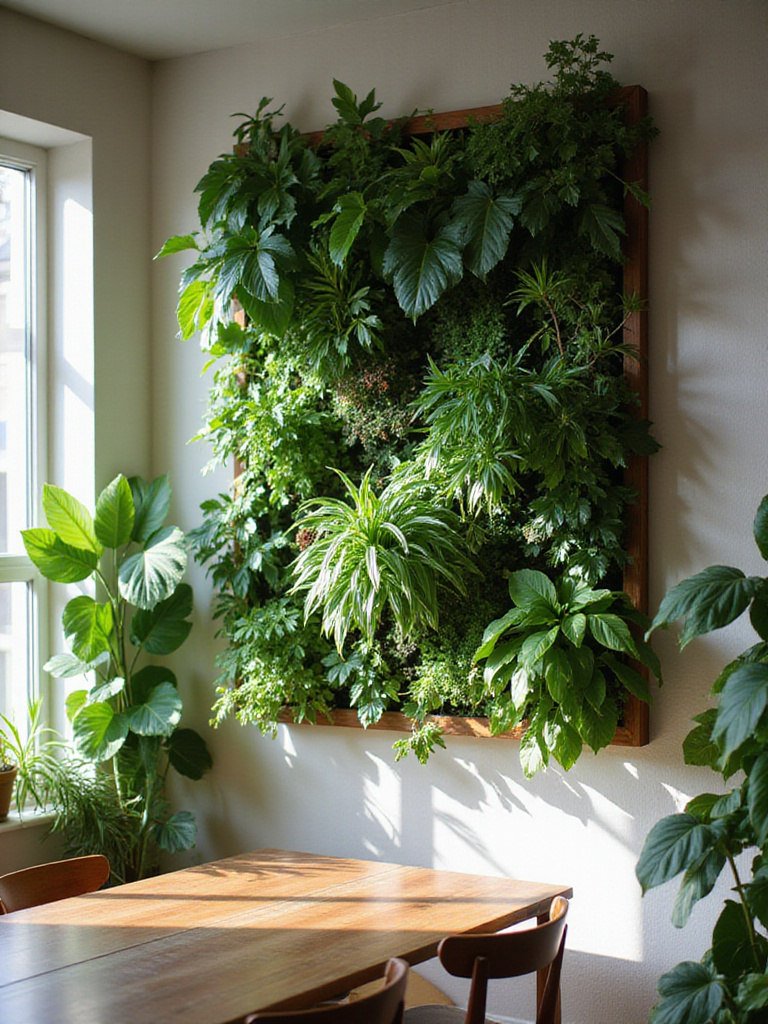 Lush vertical plant display on a dining room wall, featuring a variety of indoor plants.