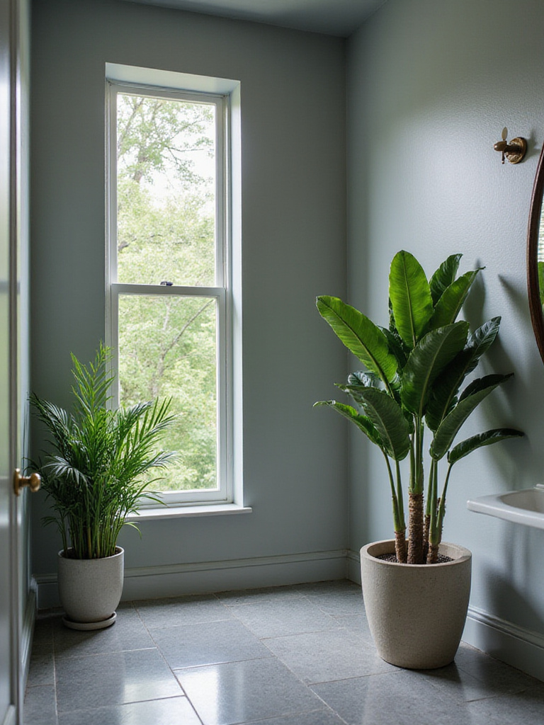 Modern gray bathroom with lush greenery, featuring Snake Plant by a window