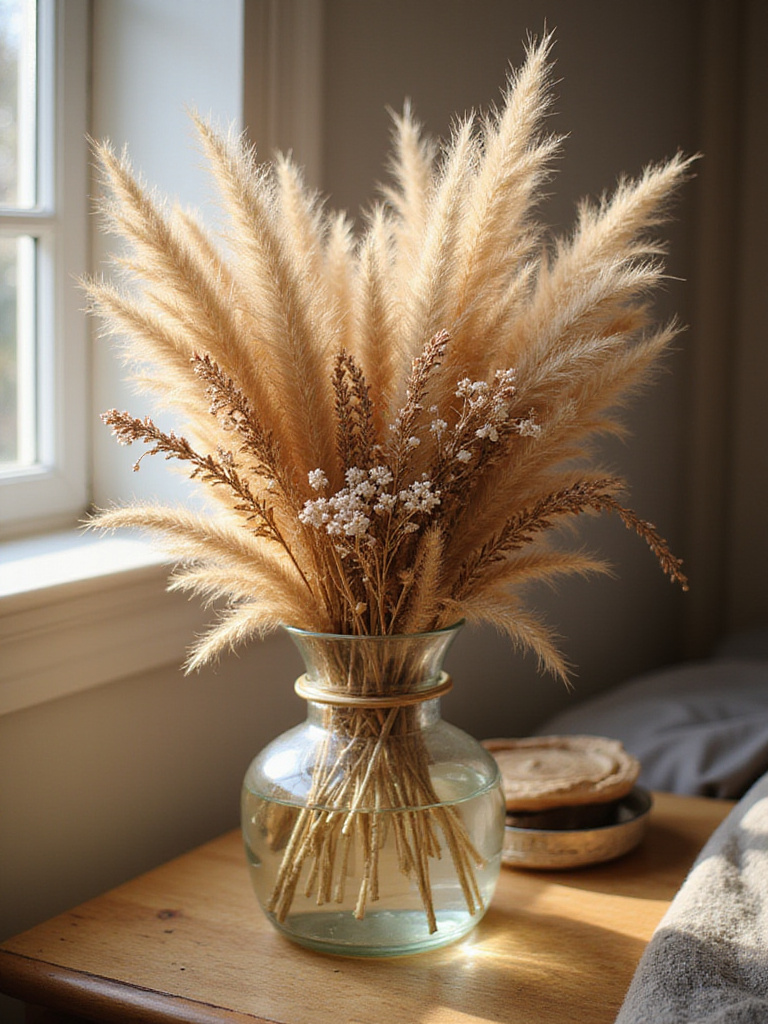 Dried pampas grass and floral arrangements in a boho bedroom setting