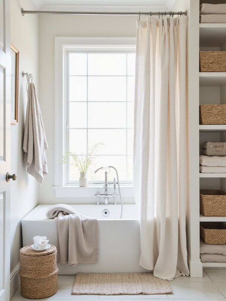 Coastal bathroom featuring linen and cotton accessories for a textured look.