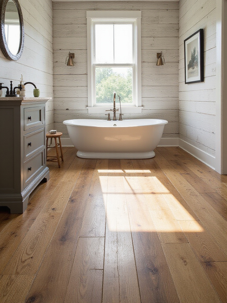 Farmhouse bathroom with wood-look tile floor and shiplap walls, featuring natural light.