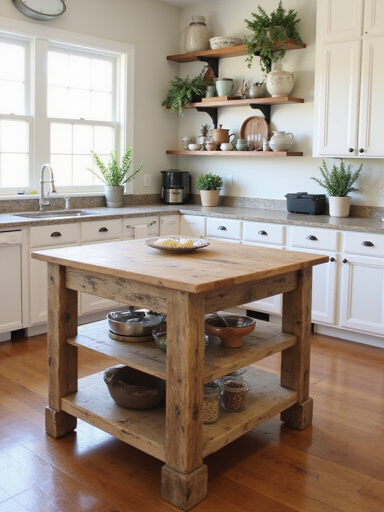 Rustic kitchen island made from reclaimed wood with butcher block countertop