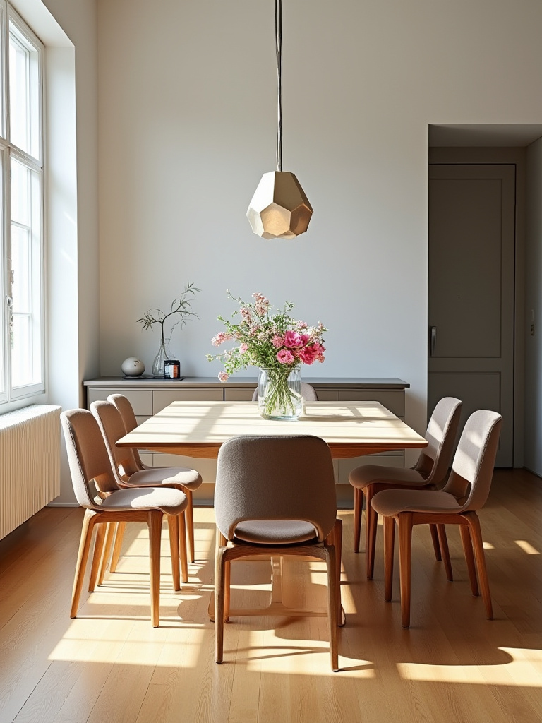 Modern dining room setup with a dining table and chairs, showcasing ideal space measurements.