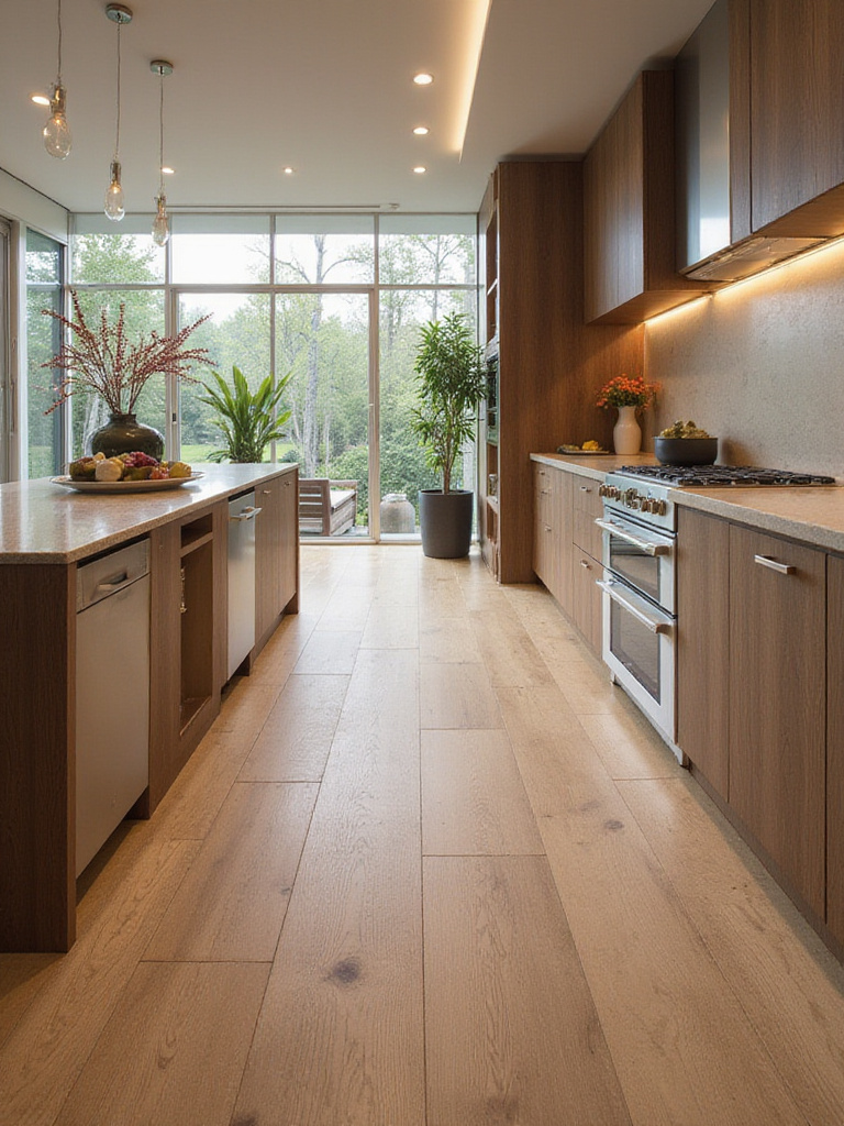 Luxury kitchen with wood-look porcelain tile flooring, showcasing warm tones and modern design.