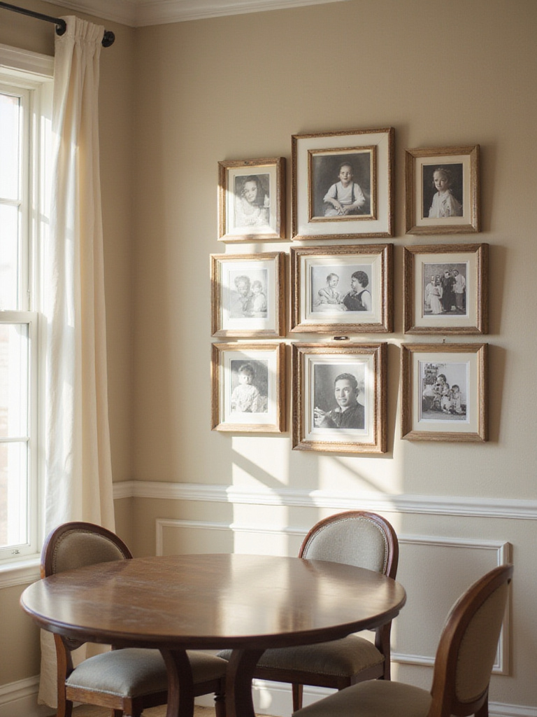 Elegantly framed family photography displayed on a dining room wall