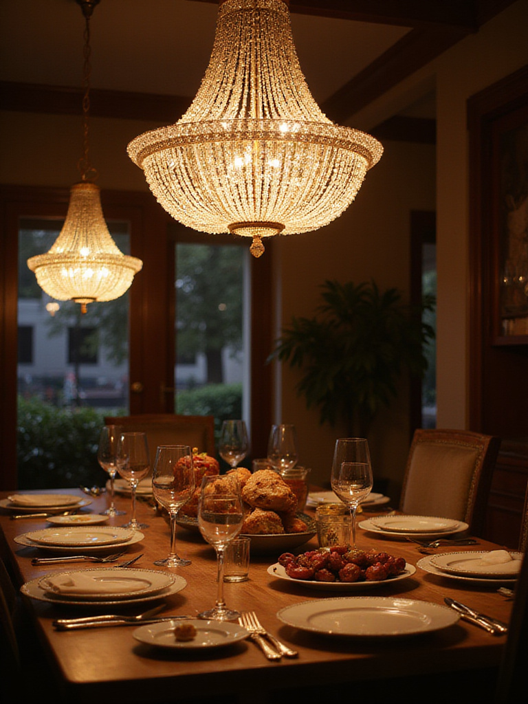 Luxurious dining room with energy-efficient LED fixtures illuminating the table