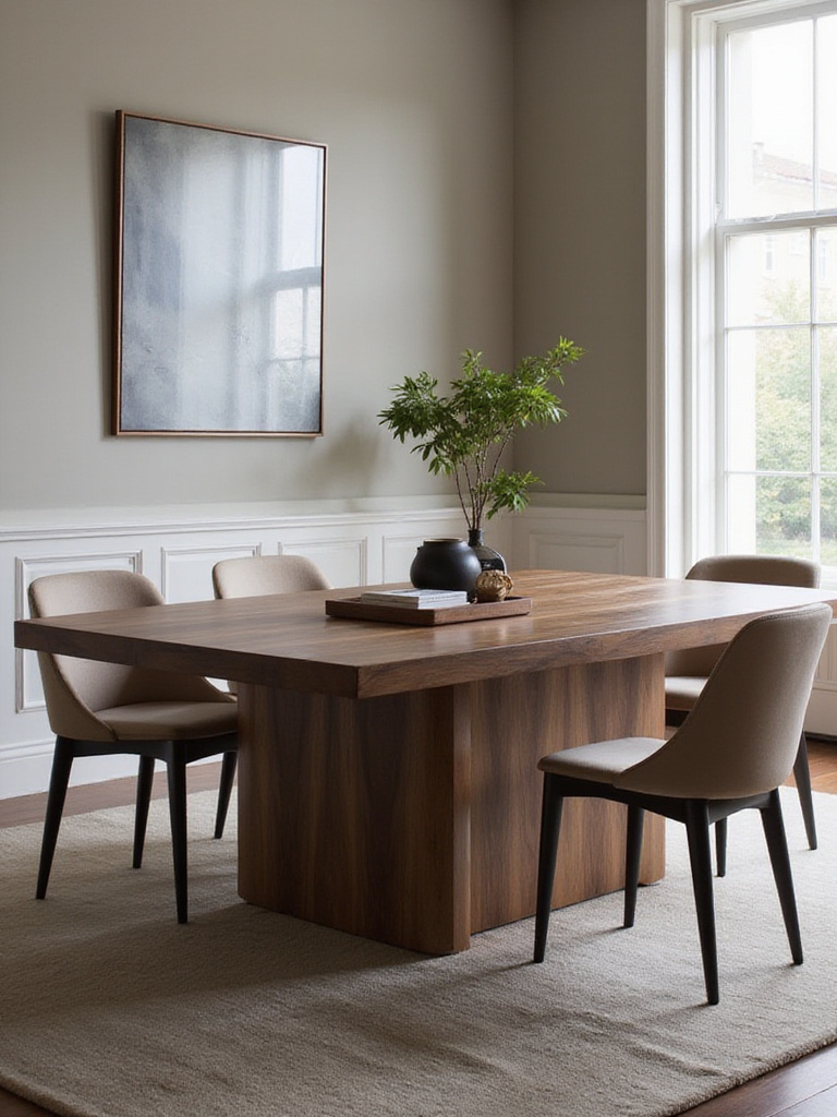 Modern dining room featuring a matte walnut dining table and elegant chairs, beautifully lit by natural light.