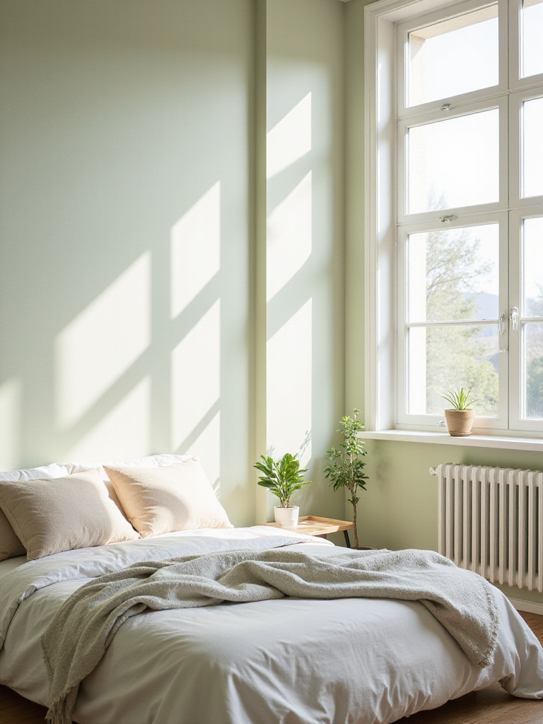 A serene bedroom painted with low-VOC, non-toxic paint, showcasing natural light and eco-friendly decor.