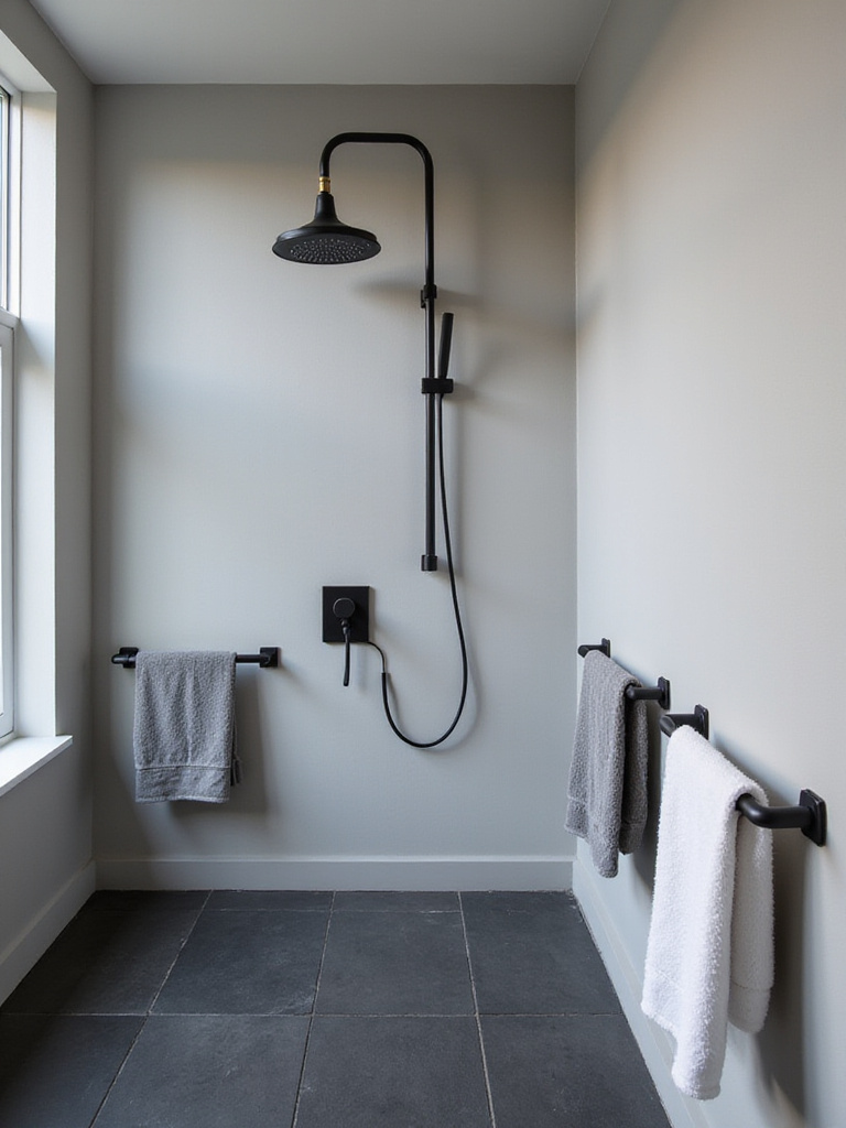 A modern gray bathroom featuring matte black fixtures with elegant lighting.