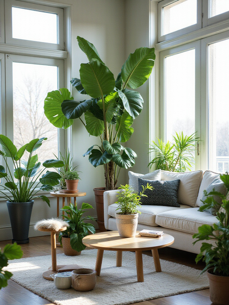 Contemporary living room filled with indoor plants including a Fiddle Leaf Fig and Pothos.
