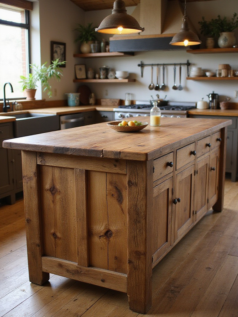 Rustic kitchen island made from reclaimed wood with warm lighting and vintage decor
