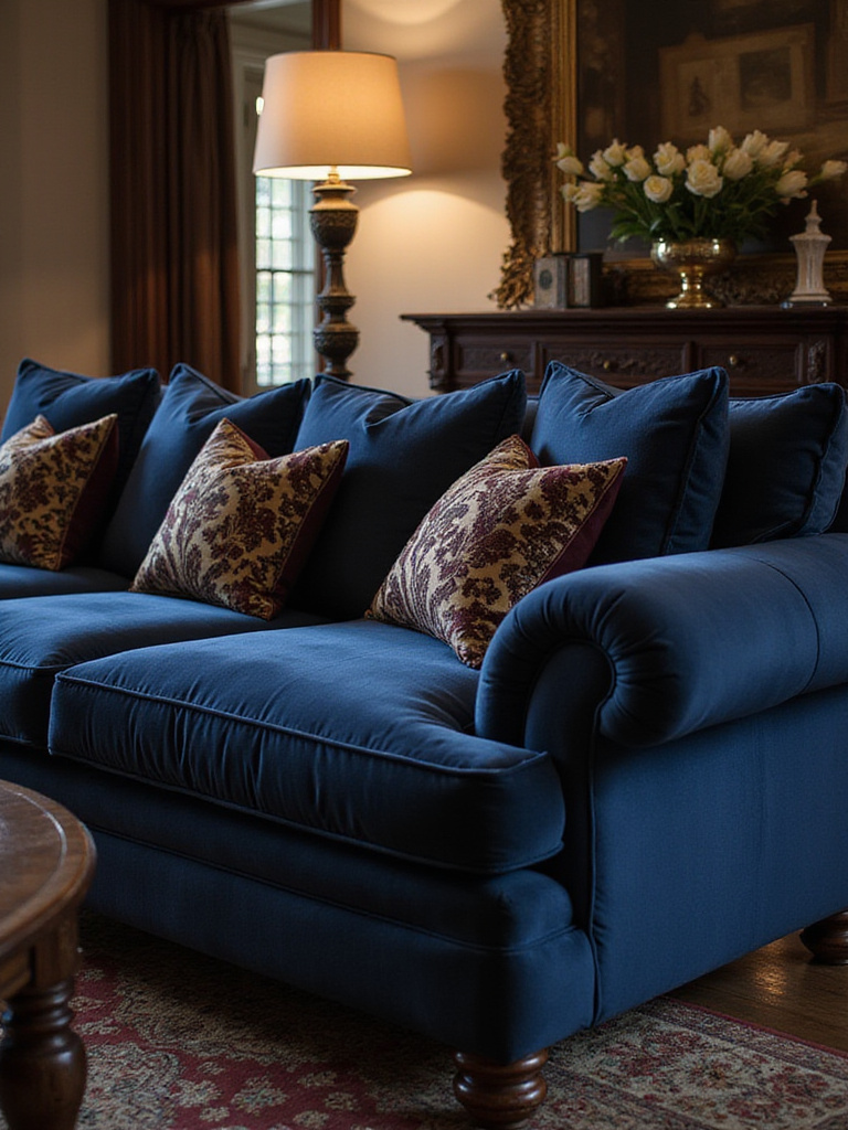 Luxurious traditional living room with velvet sofa and damask pillows