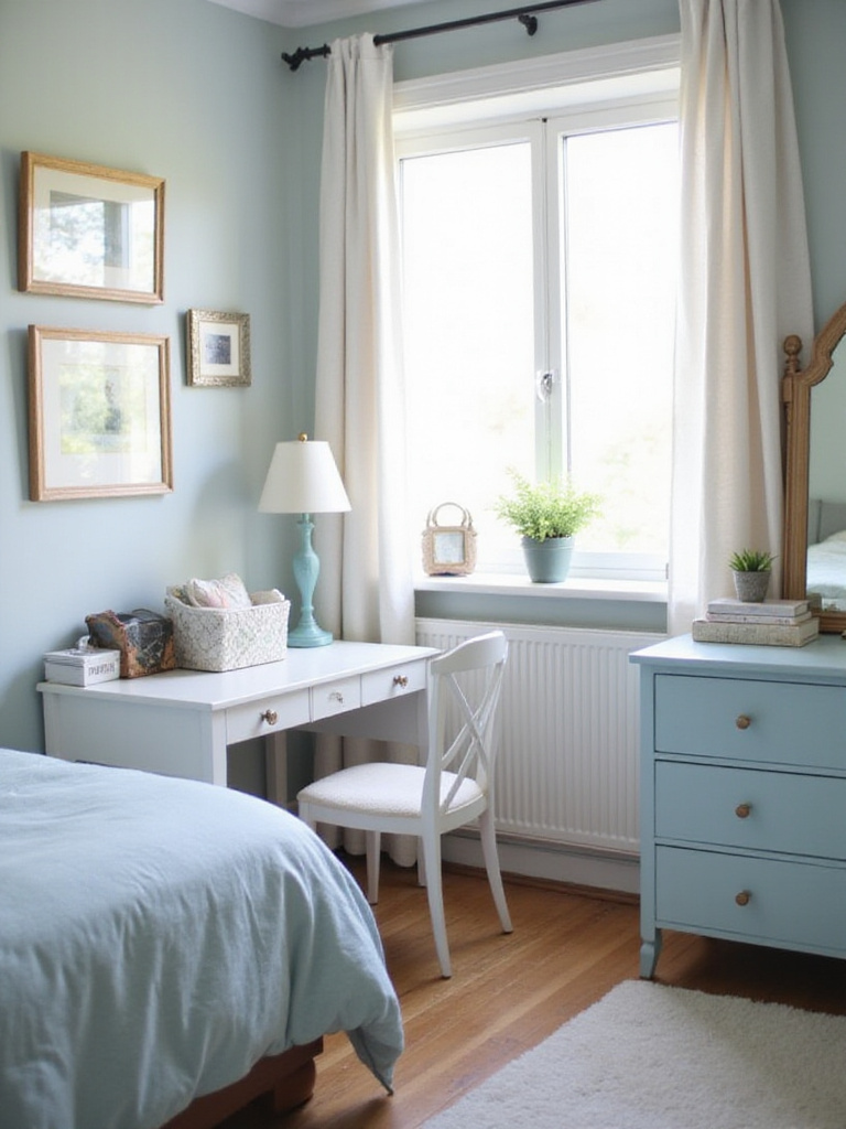 A tranquil bedroom with decluttered visible surfaces promoting mental clarity and calm.