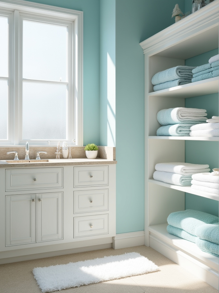 Coastal bathroom featuring crisp white and ocean blue towels stacked on open shelves.