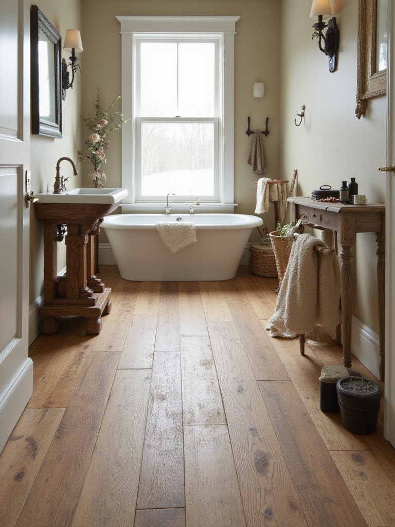 Farmhouse bathroom featuring wood-look tile flooring with rustic decor