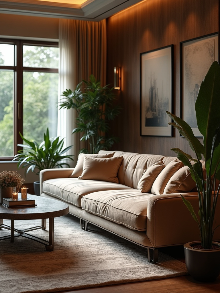 A luxurious living room showcasing a bespoke sofa as the centerpiece, elegantly designed and well-lit.