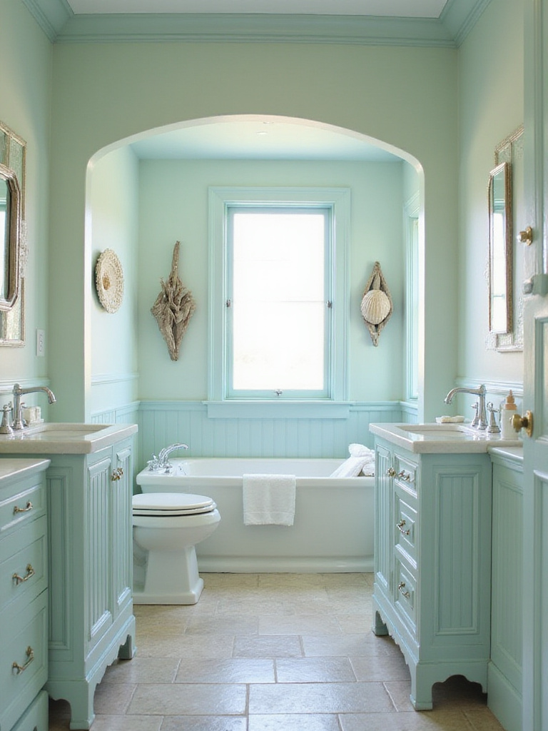 Coastal bathroom with calming color palette of soft blues and greens