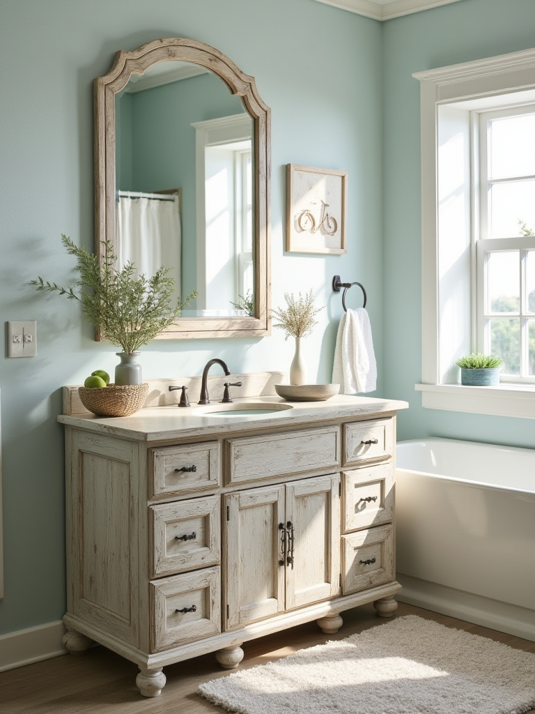 Coastal bathroom with a distressed wood finish vanity and nautical decor