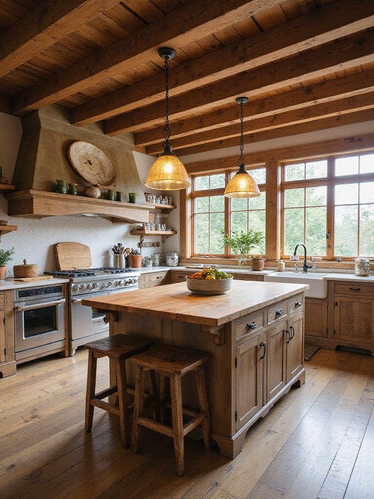 Rustic kitchen with rectangular island and warm lighting