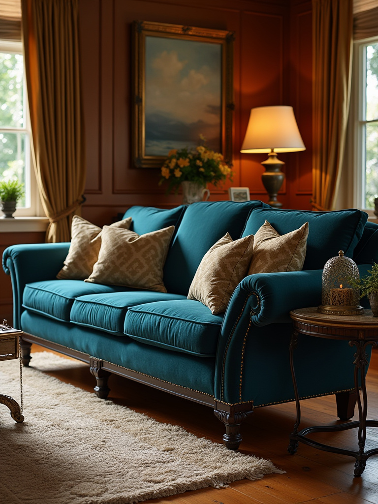 Timeless rolled-arm sofa in a traditional living room setting, showcasing elegance and comfort.