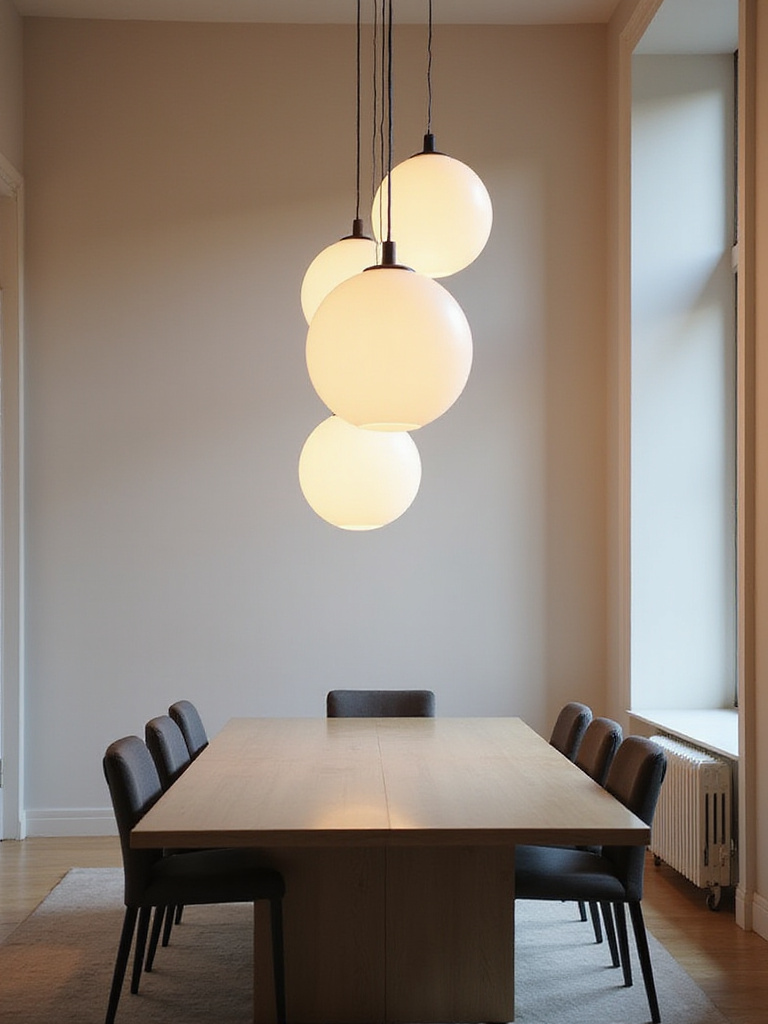 A contemporary dining room with combined pendant lights above a long table.