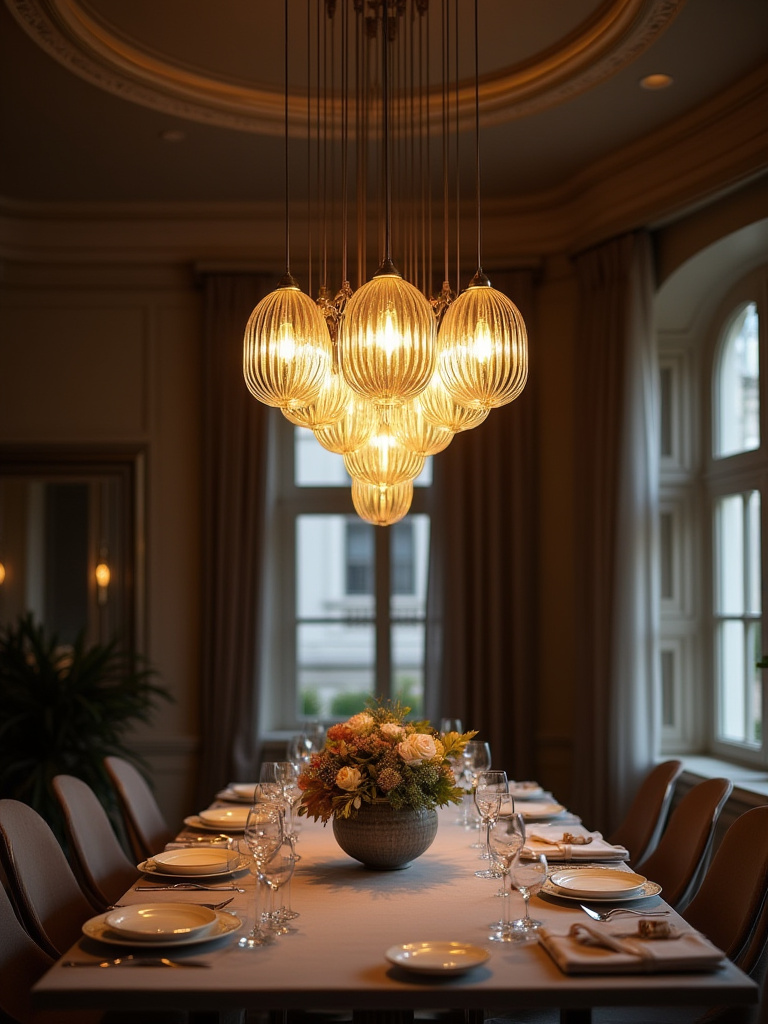 Elegant bespoke lighting fixture above a luxurious dining table