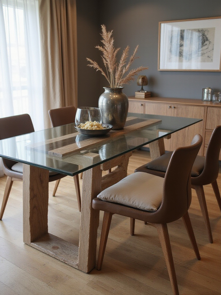 Modern dining table showcasing wood, glass, and metal materials in a beautifully lit setting.